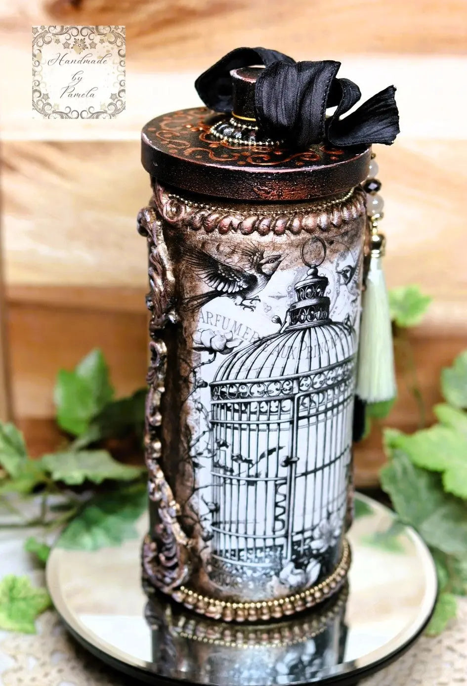 Handcrafted, Decoupage, Mixed Media, Jar with Lid, Birds, Bird Cage, Vintage, Shabby Chic Style Handmade by Pamela