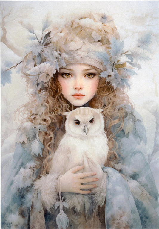 LaBlanche, 2024 Winter Release, Rice Paper, Beautiful, Frosty Winter, Girl, Whit Owl, Vintage, Shabby Chic Style, LBD375, A4 8.27 X 11.69 in