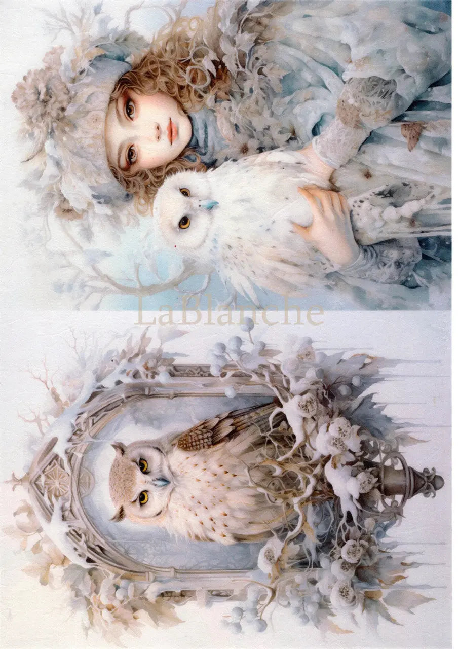 LaBlanche, 2024 Winter Release, Rice Paper, Frosty Winter, Snow, White Owl, Girl, Squares, Shabby Chic Style, LBD377, A4 8.27 X 11.69 in LaBlanche