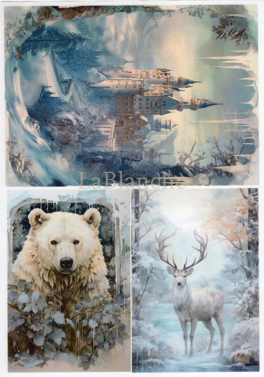 LaBlanche, 2024 Winter Release, Rice Paper, Beautiful, Frosty Winter 4, Castle, Deer, Polar Bear, Shabby Chic, LBD378, A4 8.27 X 11.69 in