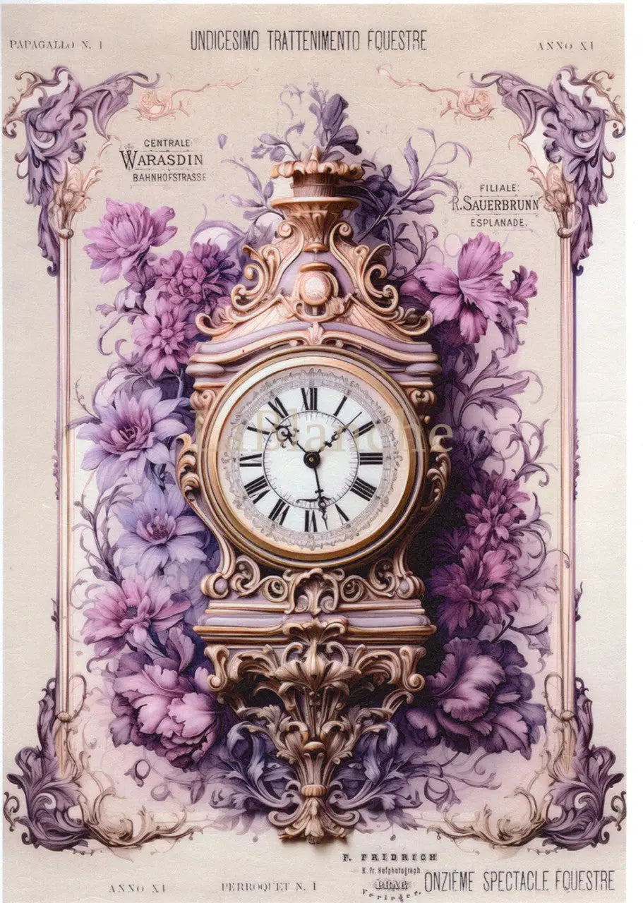 LaBlanche, 2024 Winter Release, Rice Paper, Vintage Style, Purple, Clock, Shabby Chic, LBD383, A4 8.27 X 11.69 in LaBlanche