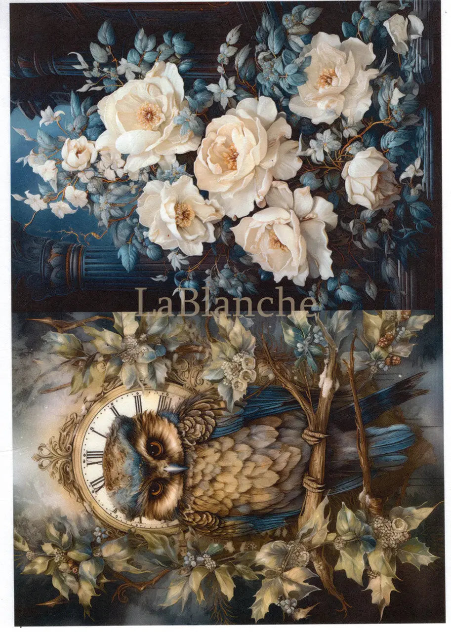 LaBlanche, 2024 Winter Release, Rice Paper, Fantasy Meadow, Owl, Pink Roses, Shabby Chic, Vintage Style, LBD384, A4 8.27 X 11.69 in LaBlanche