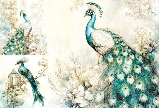 LaBlanche, 2025 Spring Release, Rice Paper, Vintage Style, Blue, Green, Beige, Peacock, Squares, Shabby Chic, LBD407, A4 8.27 X 11.69 in