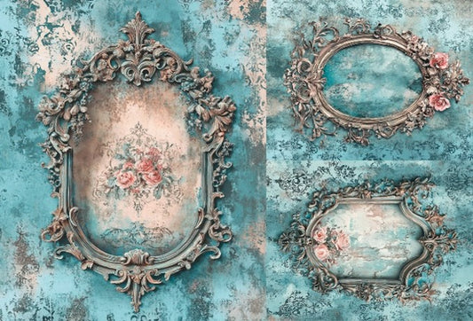 LaBlanche, 2025 Spring Release, Rice Paper, Vintage Style, Frames, Teal, Roses, Victorian Style, Shabby Chic, LBD410, A4 8.27 X 11.69 in