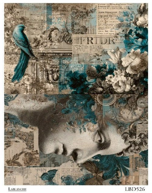 LaBlanche Rice Paper Vintage Blue, White Flowers, Portrait, Decoupage, Mixed Media, Scrapbooking A4 8.27 x 11.69 Imported Germany