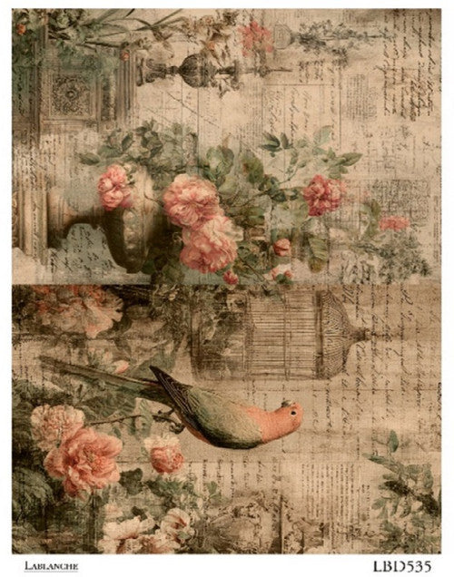 LaBlanche Rice Paper Vintage Bird Cage, Bird, Florals, Shabby Chic Decoupage, Mixed Media, Scrapbooking A4 8.27 x 11.69 Imported Germany