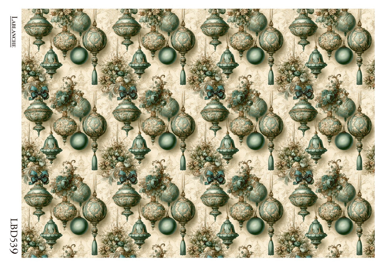 LaBlanche Rice Paper Vintage Teal Baroque Christmas Ornaments, Background, Decoupage, Mixed Media, A4 8.27 x 11.69