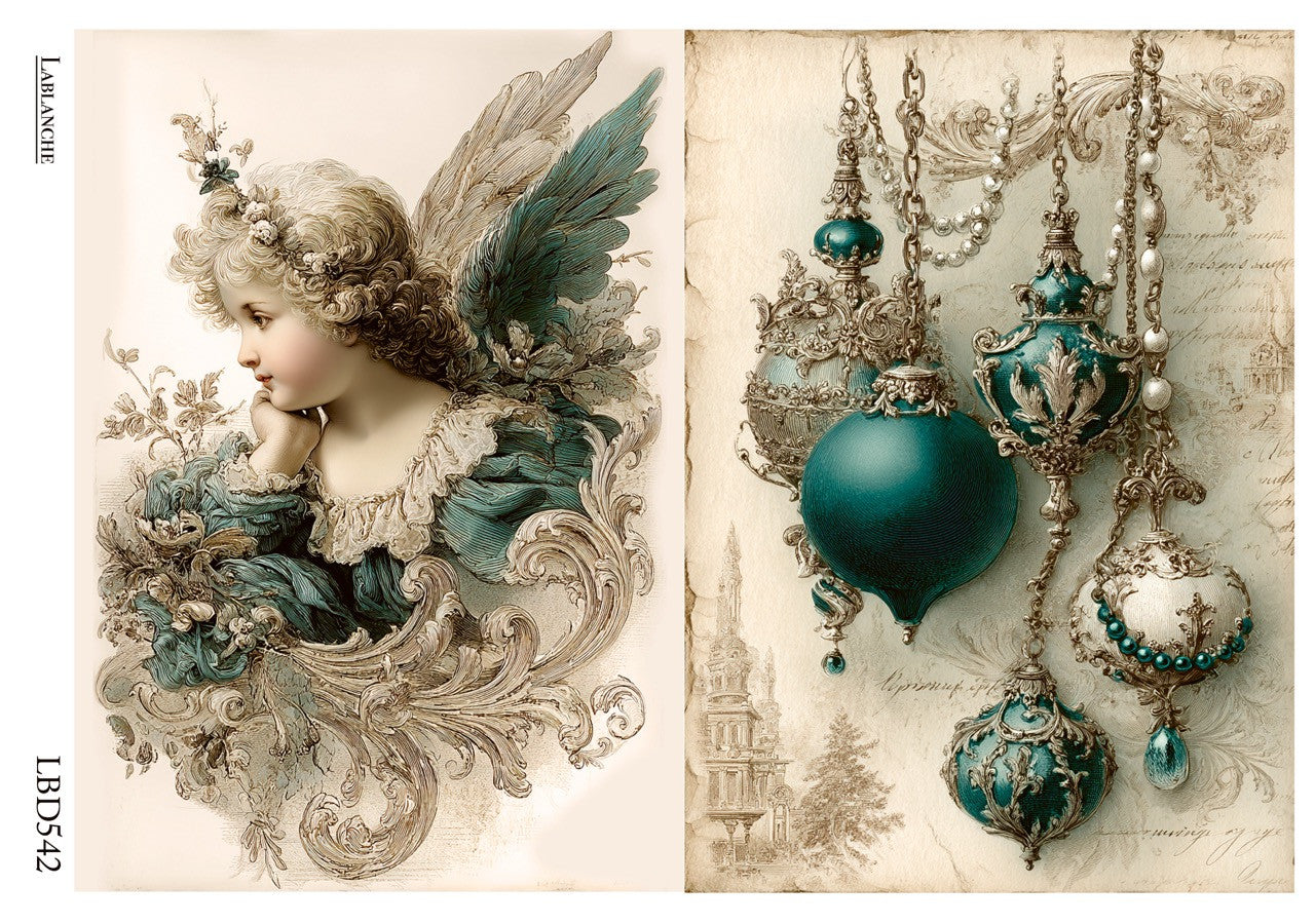 LaBlanche Rice Paper Vintage Cherub Angel, Christmas Jeweled Ornaments, Decoupage, Mixed Media, A4 8.27 x 11.69