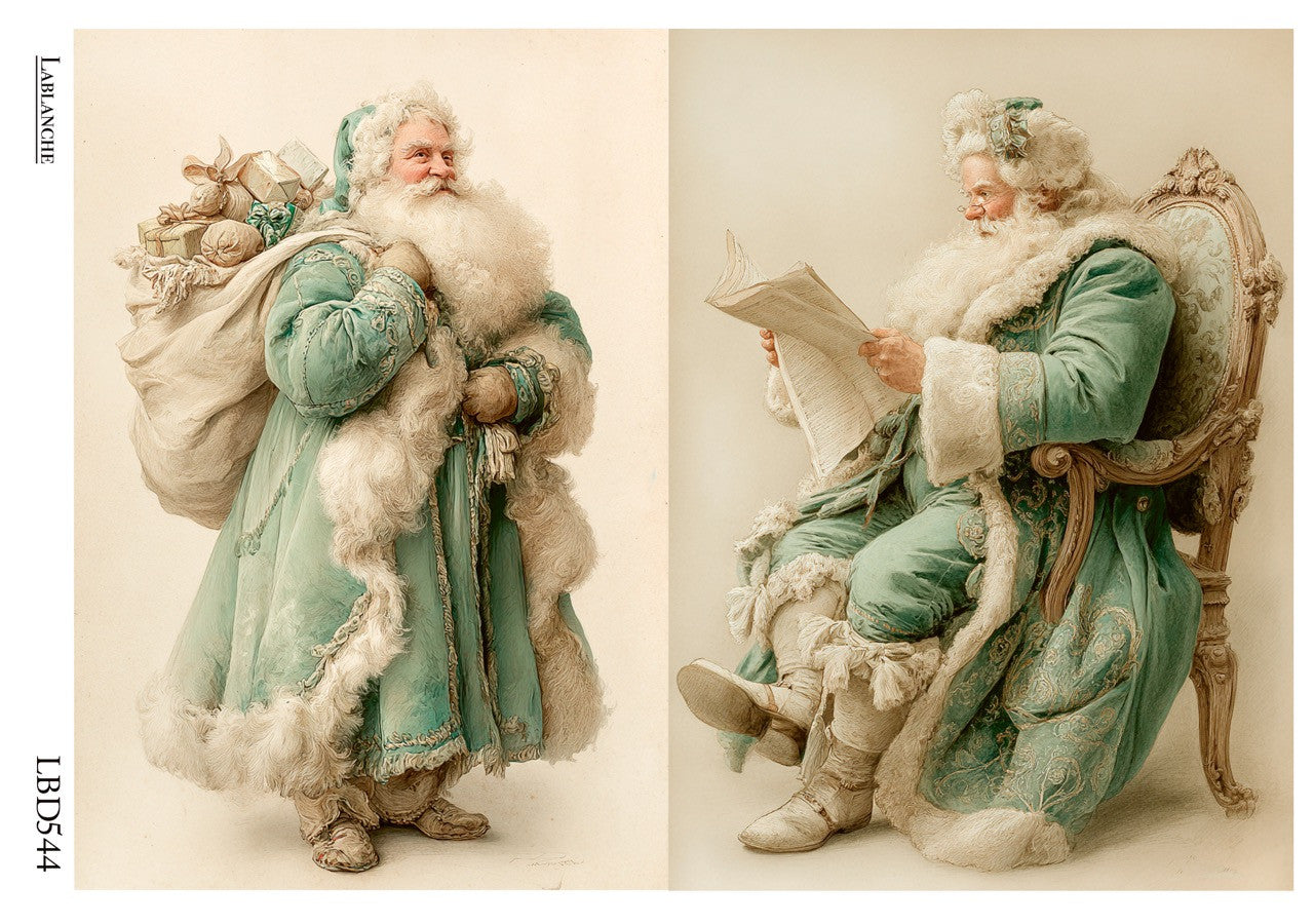 LaBlanche Rice Paper Vintage Teal Santa Claus, Christmas, Decoupage, Mixed Media, A4 8.27 x 11.69