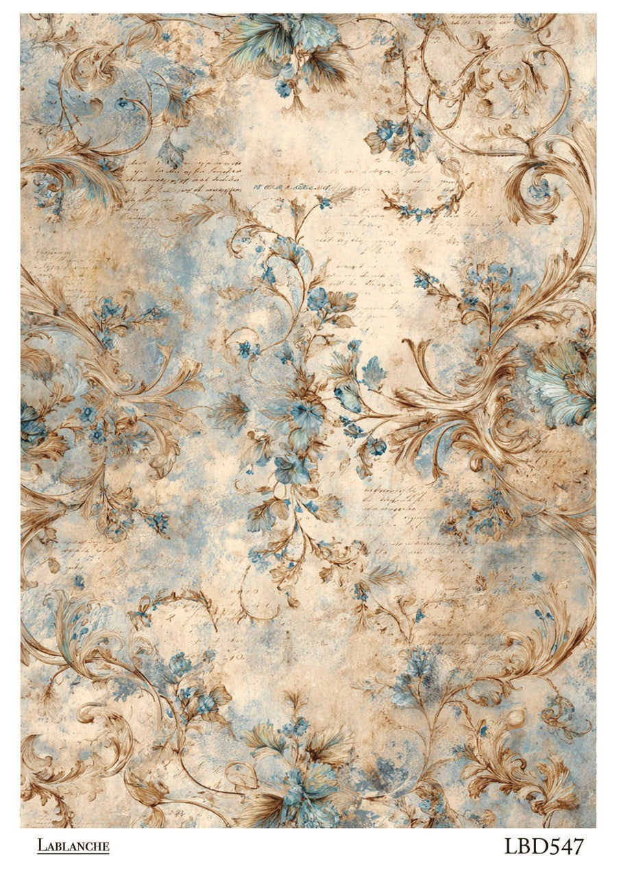 LaBlanche Rice Paper Vintage Style Blue Toile Floral Background, Decoupage, Mixed Media, A4 8.27 x 11.69