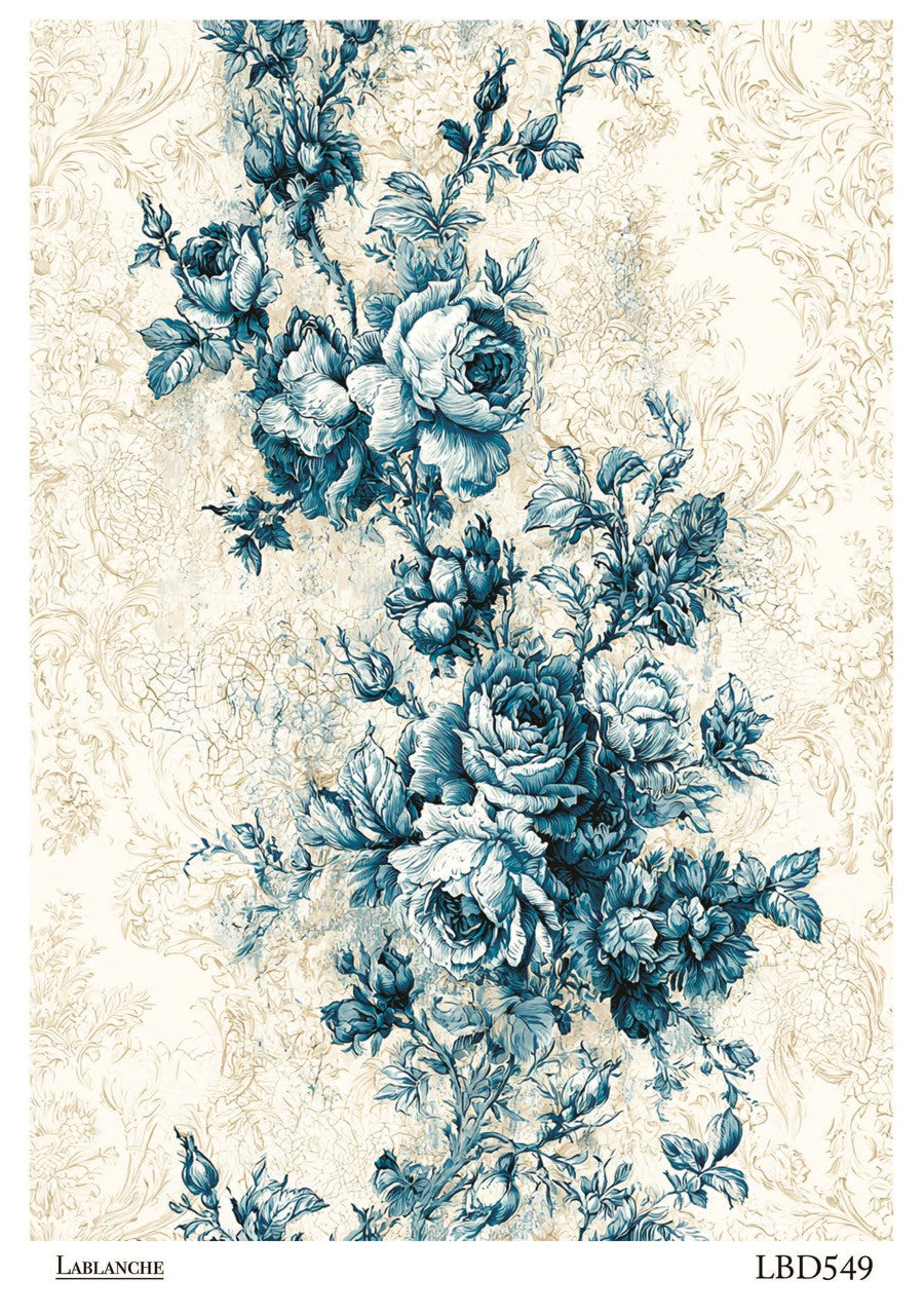LaBlanche Rice Paper Vintage Style Blue Toile Floral, Roses, Decoupage, Mixed Media, Scrapbooking, A4 8.27 x 11.69