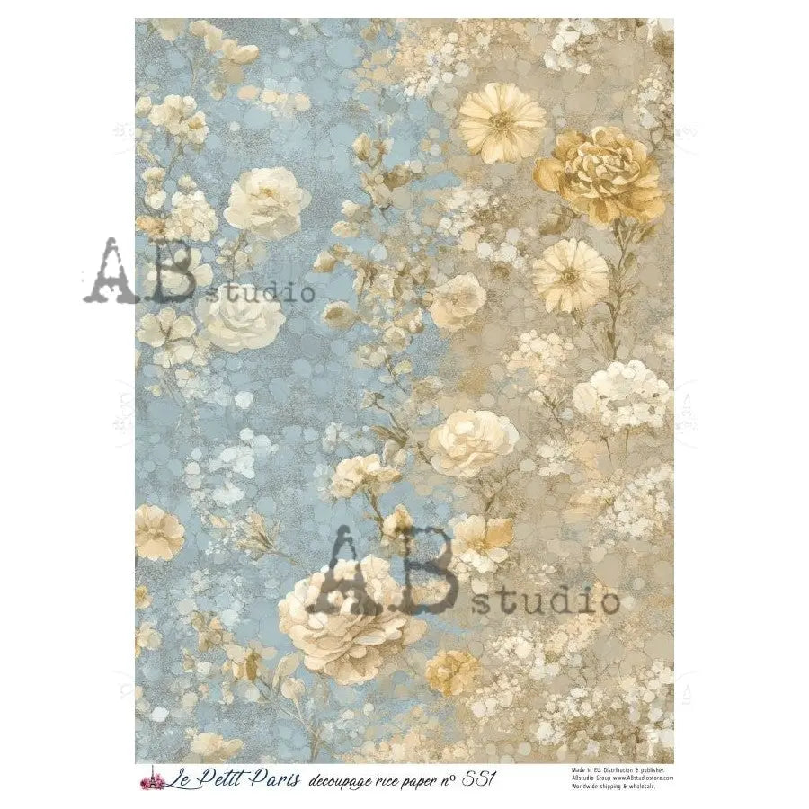 AB Studio, Rice Paper, La Petit Paris, Floral, Flowers, Wallpaper, Shabby Chic, A4 8.27 x11.6, Mixed Media, Decoupage, LP551 AB Studio