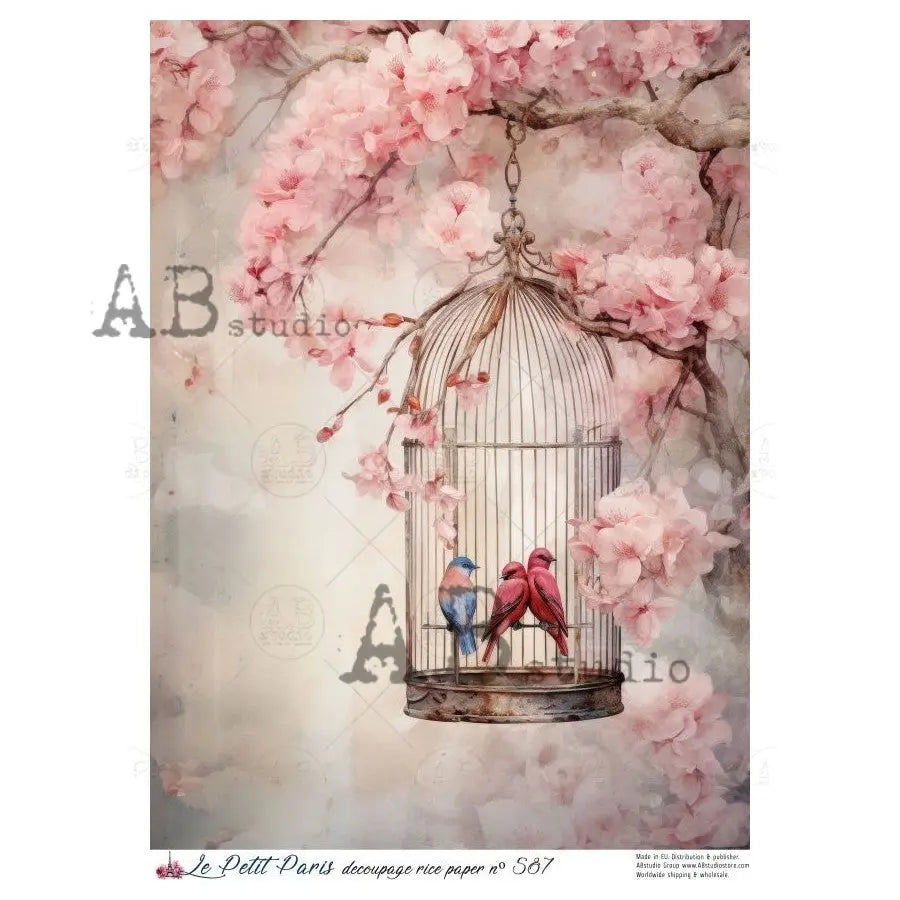 AB Studio, Rice Paper, La Petit Paris, Bird Cage, Cardinals, Pink Florals, Shabby Chic, A4 8.27 x11.6, Mixed Media, Decoupage, LP587 AB Studio