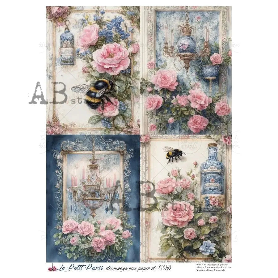 AB Studio, Rice Paper, La Petit Paris, Pink, Blue Florals, Bumble Bee, Shabby Chic, A4 8.27 x11.6, Mixed Media, Decoupage, LP600 AB Studio