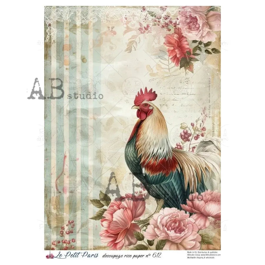 AB Studio, Rice Paper, La Petit Paris, Rooster, Pink Florals, Flowers, Shabby Chic, A4 8.27 x11.6, Mixed Media, Decoupage, LP612 AB Studio