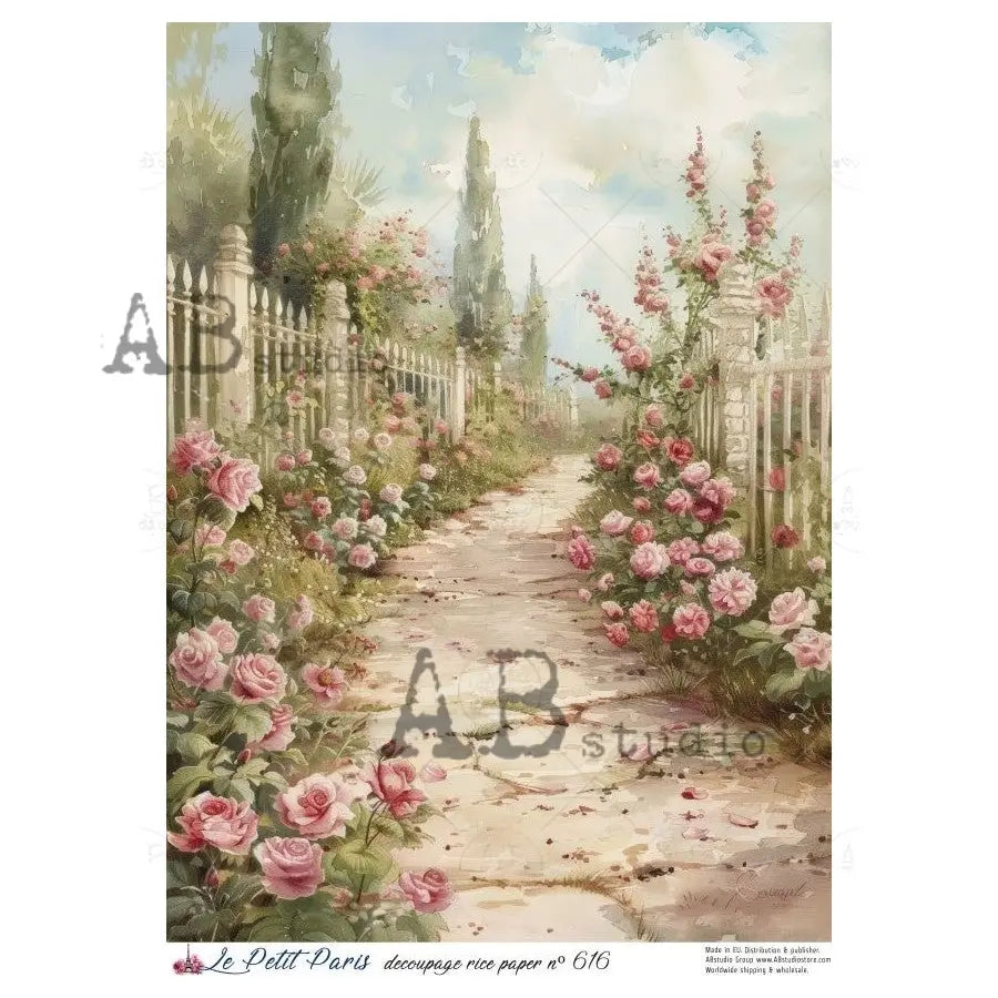 AB Studio, Rice Paper, La Petit Paris, Pink Flowers, Garden Pathway, Shabby Chic, A4 8.27 x11.6, Mixed Media, Decoupage, LP616 AB Studio