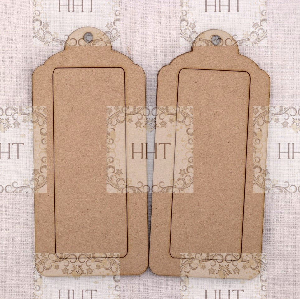 Laser Cut MDF, Framed Tags, Set of 2, Elongated, 3 pcs each, Canvas, Blank, Base, Decoupage, Crafts, Mixed Media, Gift Tags, 3 1/8" x 6 3/8"