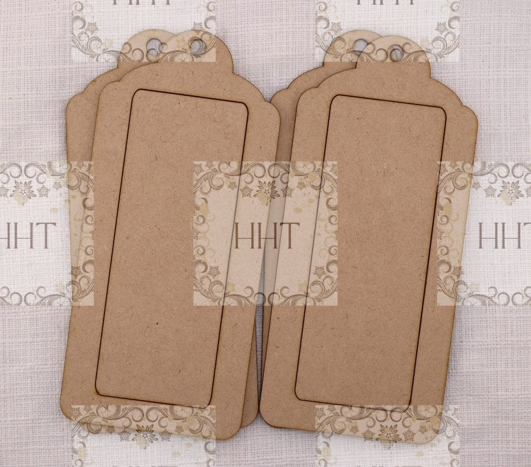 Laser Cut MDF, Framed Tags, Set of 2, Elongated, 3 pcs each, Canvas, Blank, Base, Decoupage, Crafts, Mixed Media, Gift Tags, 3 1/8" x 6 3/8"
