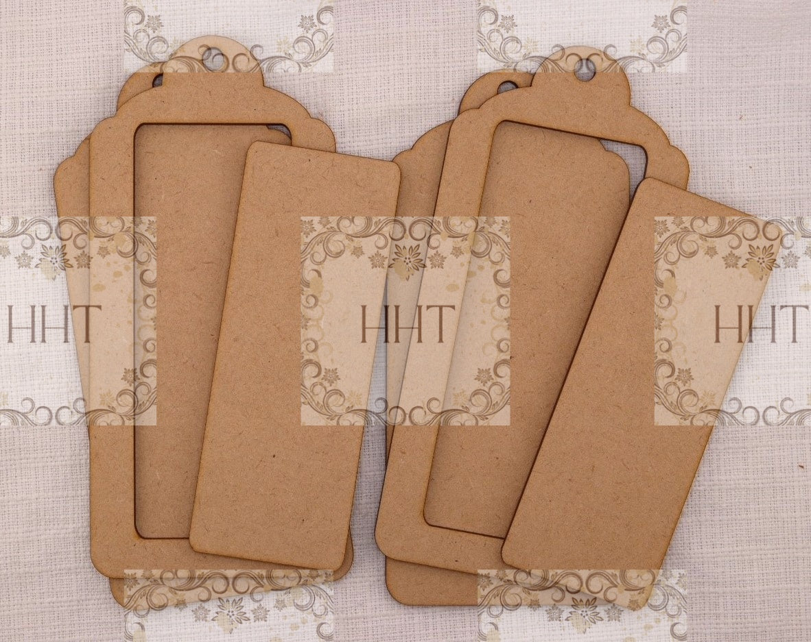 Laser Cut MDF, Framed Tags, Set of 2, Elongated, 3 pcs each, Canvas, Blank, Base, Decoupage, Crafts, Mixed Media, Gift Tags, 3 1/8" x 6 3/8"