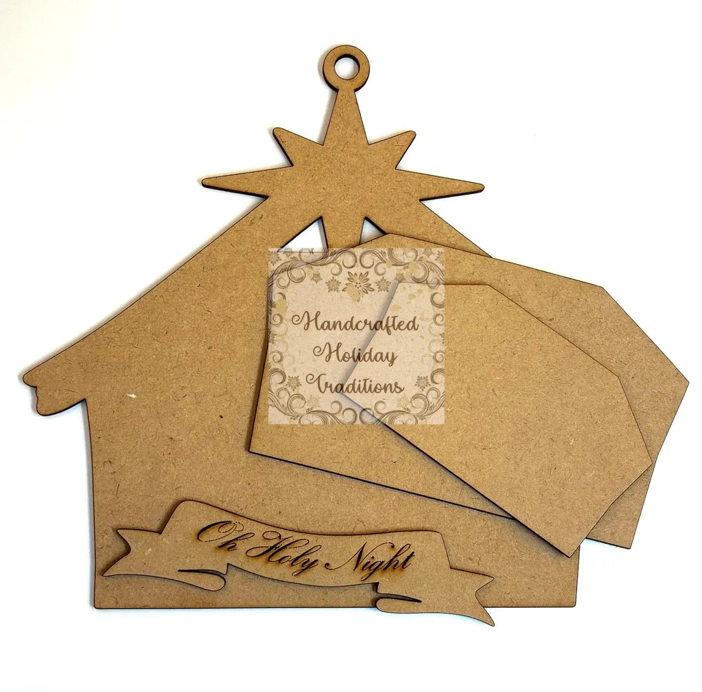 Laser Cut, MDF, Nativity Stable, Christmas Ornament, Blank, Base, 2 Overlays, Banner, 4 piece, Decoupage, Mixed Media, Crafts, 8" x 7 1/4" Handcrafted Holiday Traditions