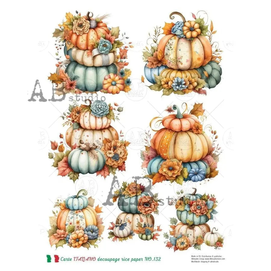 AB Studio, Rice Paper, Carte Italiano, Fall, Pumpkins, Stacks, Thanksgiving, Decor, Flowers, NO-132, A4 8.27 x11.69, Mixed Media, Decoupage AB Studio