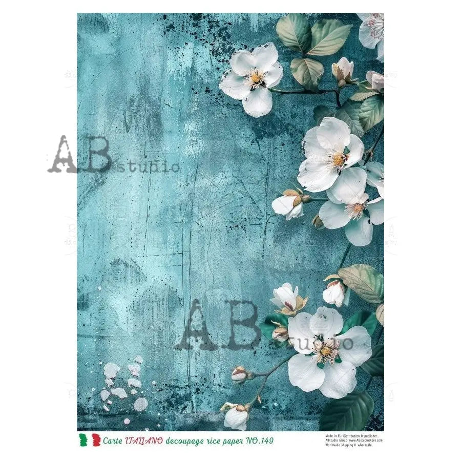AB Studio, Rice Paper, Carte Italiano, Blue, White Flowers, Background, Wallpaper, NO-149, A4 8.27 x11.69, Mixed Media, Decoupage AB Studio