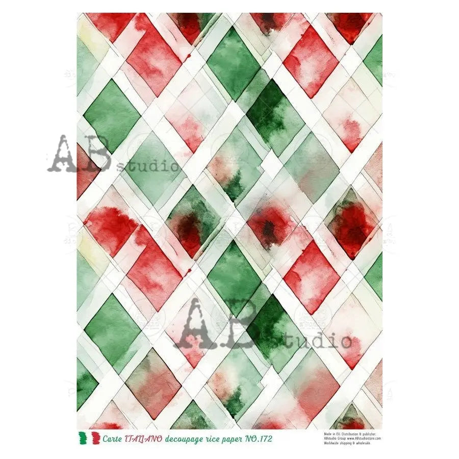 AB Studio, Rice Paper, Carte Italiano, Christmas, Diamonds, Background, Red, Green, Wallpaper, NO172, A4 8.27 x11.69, Mixed Media, Decoupage AB Studio