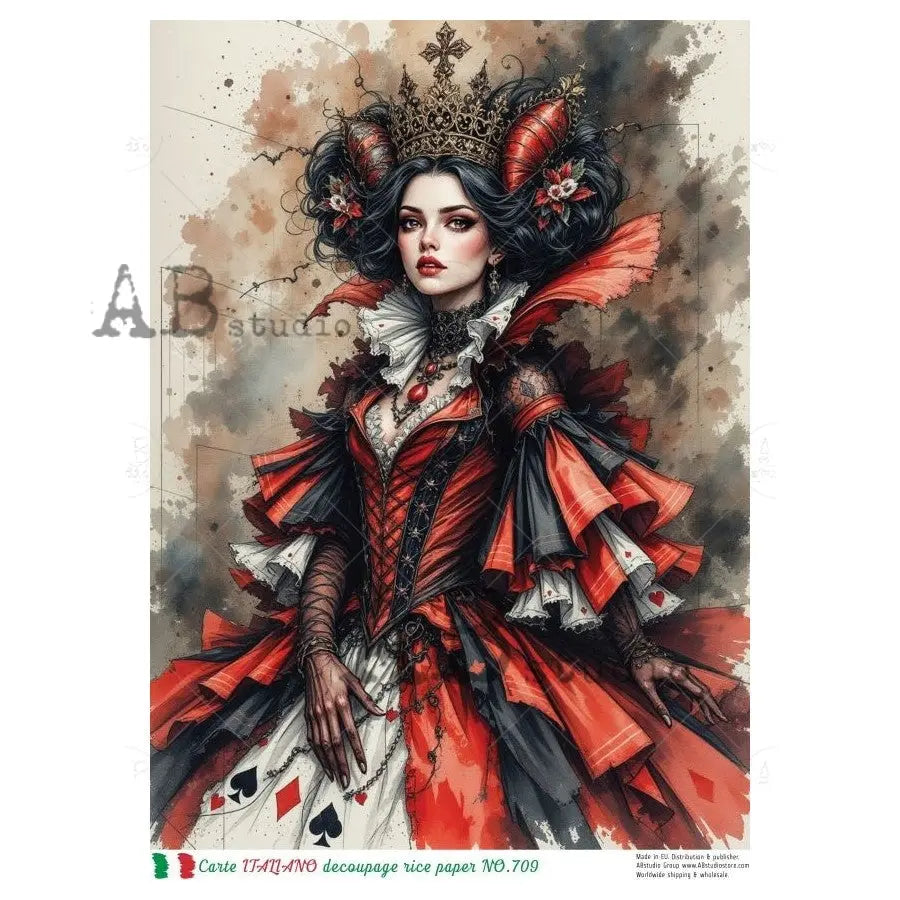 AB Studio, Carte Italiano, Rice Paper, Queen, Hearts, Wonderland, Decoupage, Mixed Media, NO-709, A4 8.27 x 11.69 AB Studio
