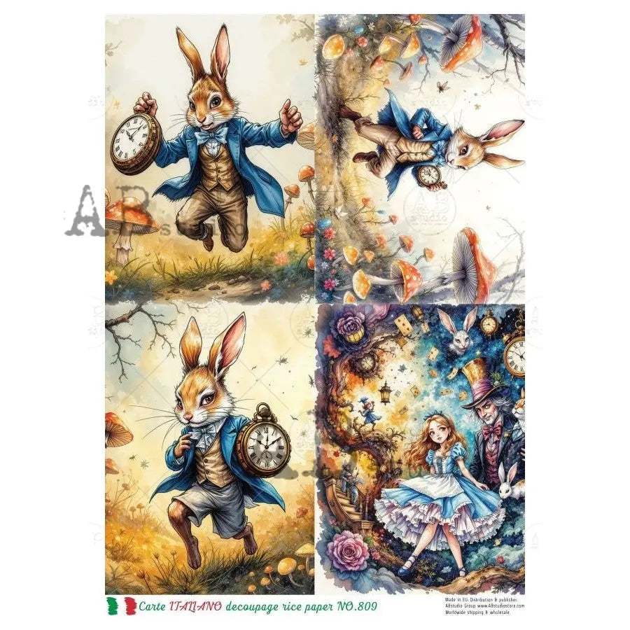 AB Studio, Carte Italiano, Rice Paper, Clocks, Rabbit, Wonderland, Squares, Decoupage, Mixed Media, NO-809, A4 8.27 x 11.69 AB Studio