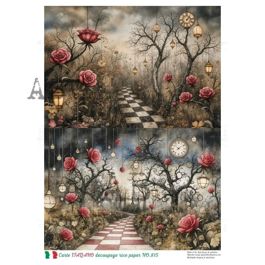 AB Studio, Carte Italiano, Rice Paper, Clocks, Pathway, Pink Roses, Wonderland, Decoupage, Mixed Media, NO-815, A4 8.27 x 11.69 AB Studio