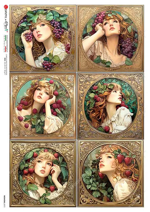 Paper Designs, Rice Paper, Art Nouveau, Squares, Women, Beauties, 0072, A4 8.3" X 11.7", Decoupage, Mixed Media Paper Designs