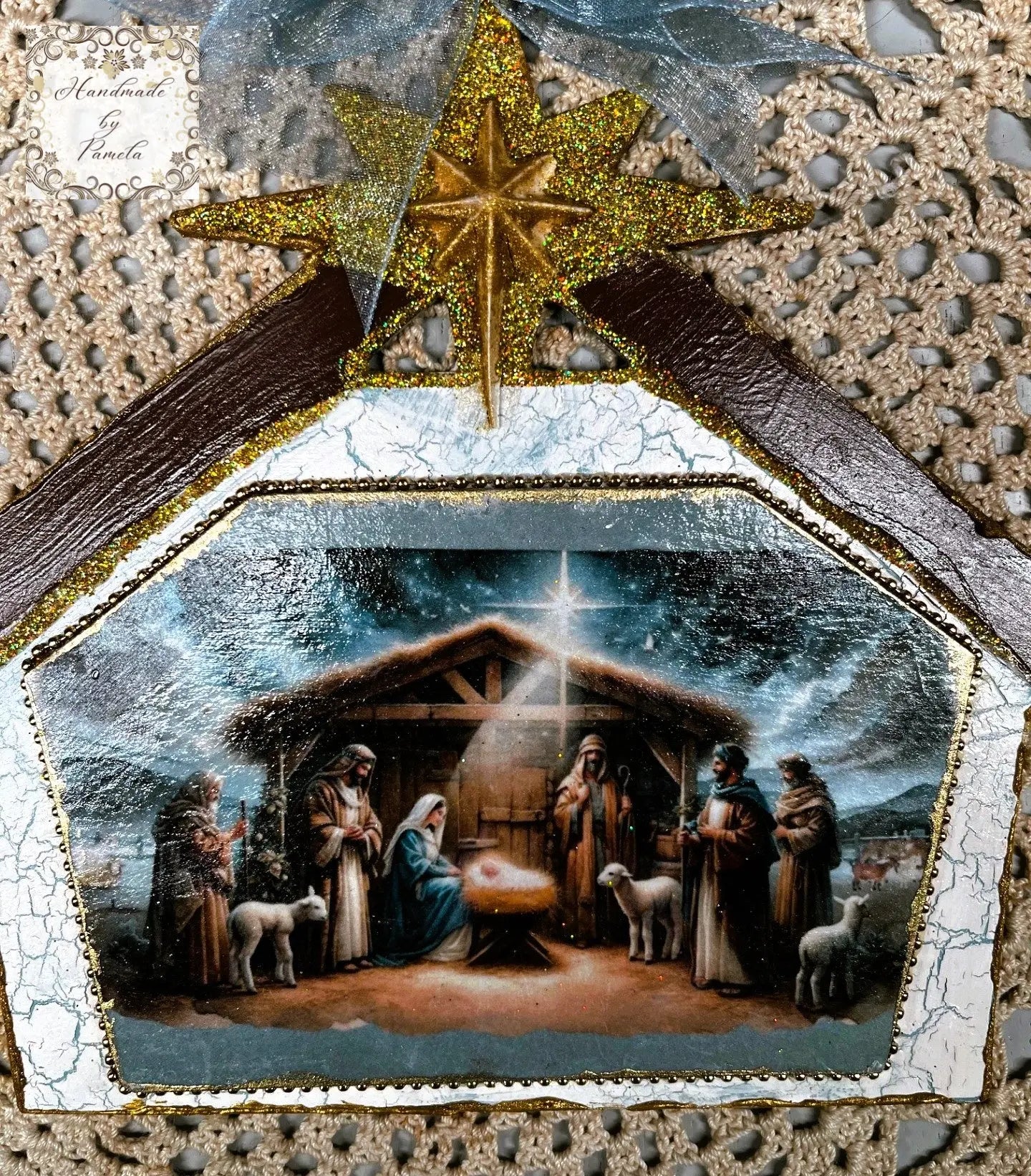 Handcrafted, Laser Cut MDF, Nativity Scene, Stable, Christmas Ornament, Decoupage, Mixed Media Handmade by Pamela