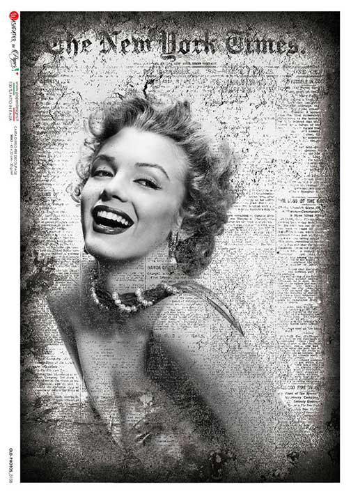 Paper Designs, Rice Paper, Marilyn Monroe, Black and White, New York Times, Old Photo, Decoupage, Mixed Media, 0108, A4 8.3" X 11.7" Paper Designs