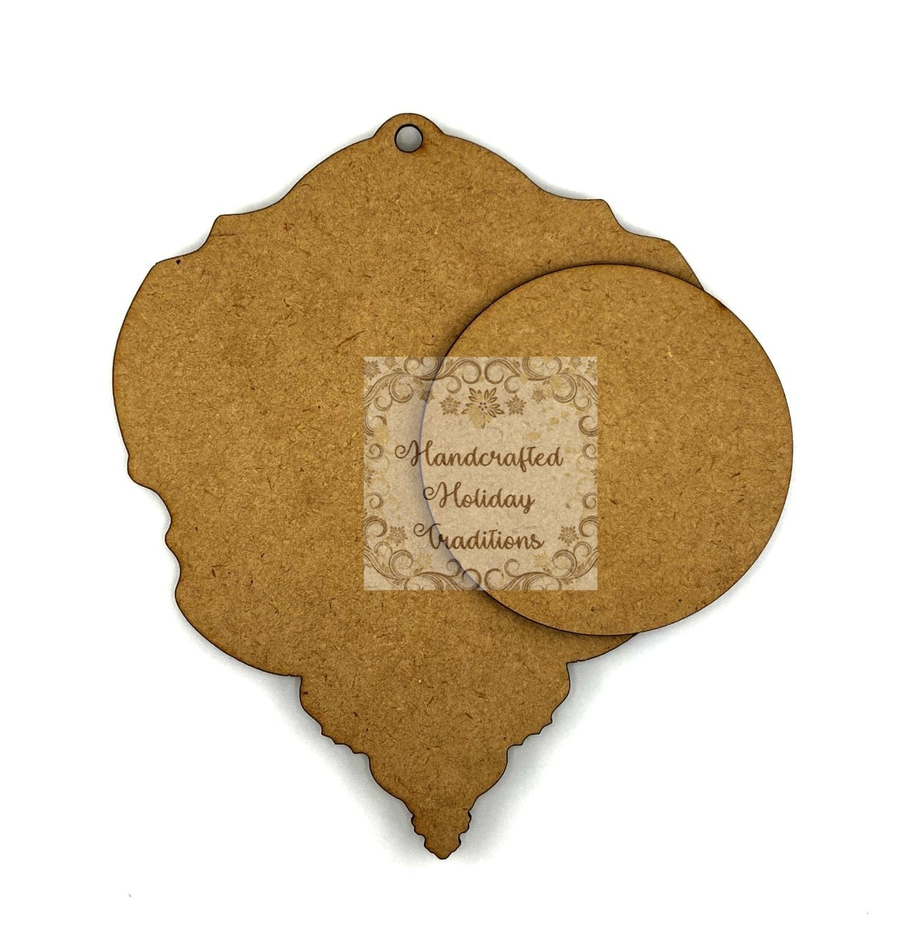 Laser Cut MDF Vintage Style Christmas Pendant Ornament Base Blank with center overlay circle, 2 piece, Decoupage, Mixed Media 5 3/4" x 7"