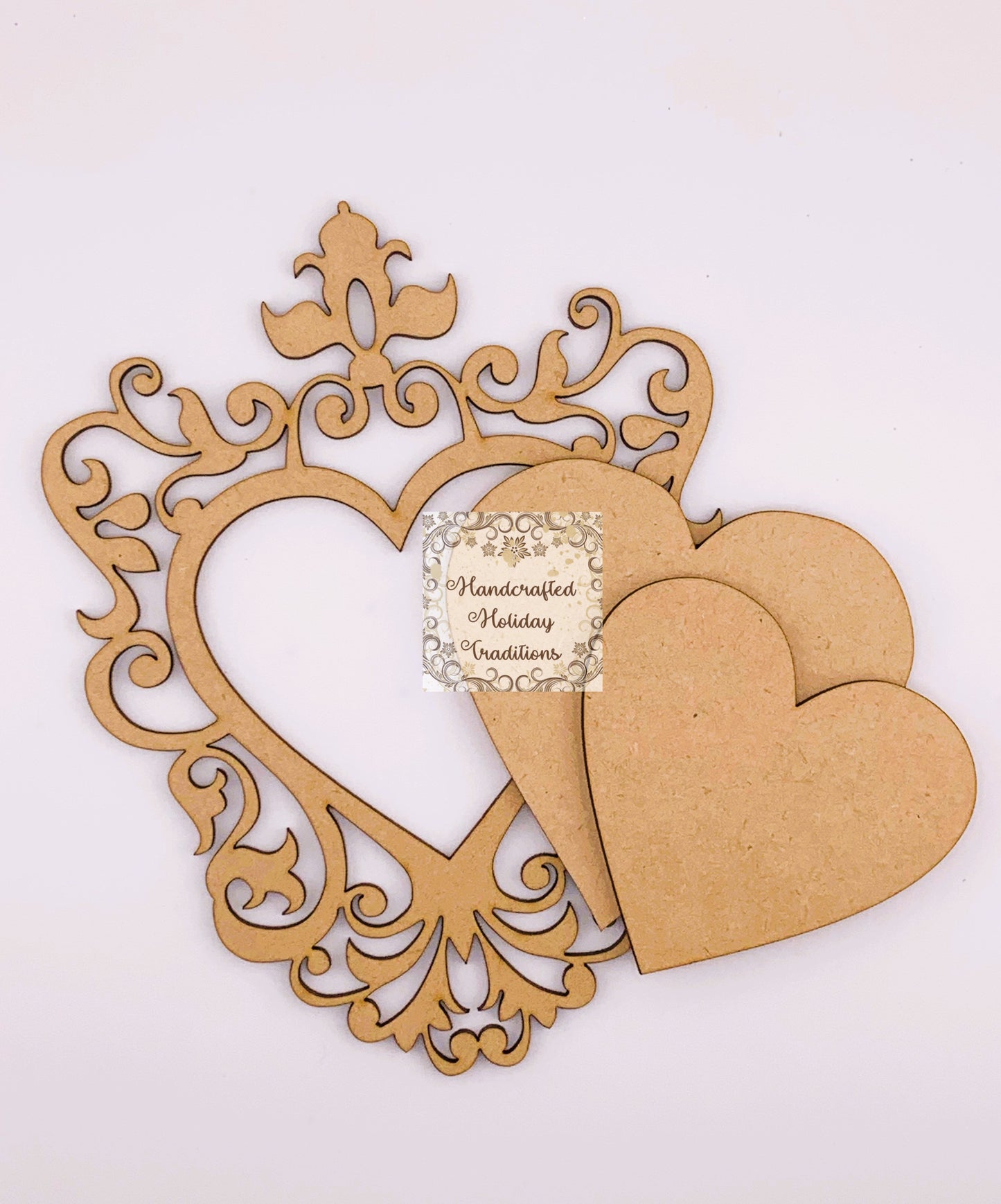 Laser Cut MDF Vintage Style Framed Heart Ornament Blank 3 pc, DIY Crafts