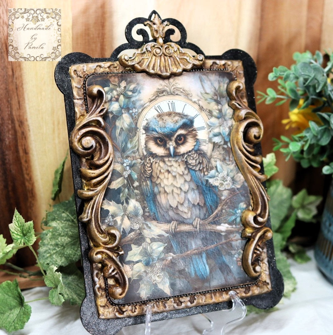 Handcrafted, Decoupage, Mixed Media, MDF Plaque, Wall Art, Vintage Style Owl, Flourishes on MDF Base, Handmade by Pamela