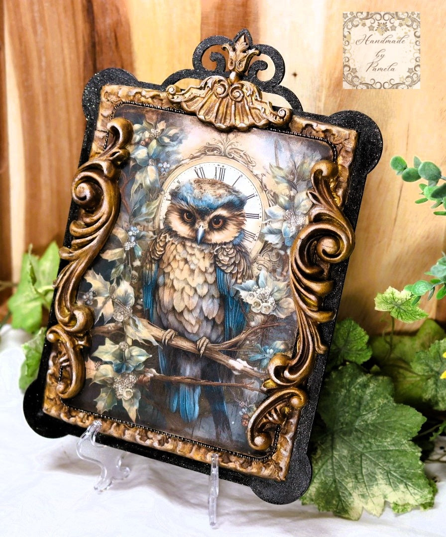 Handcrafted, Decoupage, Mixed Media, MDF Plaque, Wall Art, Vintage Style Owl, Flourishes on MDF Base, Handmade by Pamela