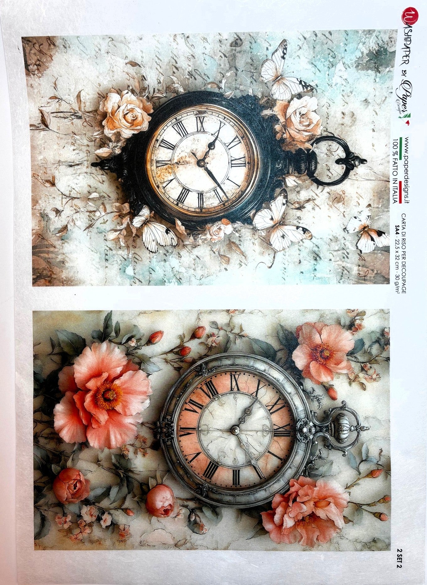 Paper Designs, Rice Paper, Vintage Time Pieces, Antique Clocks, Floral, A4 8.3" X 11.7 Decoupage, Mixed Media, Crafts