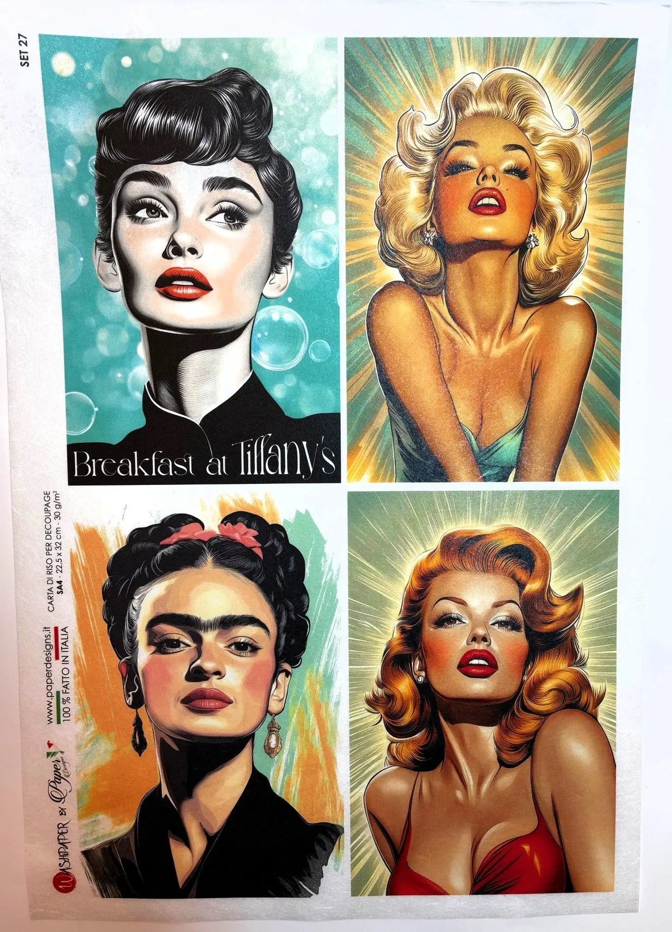 Paper Designs, Rice Paper, Hollywood Icons, Marilyn, Audrey, Rita, Frida, Artwork, Squares, A4 8.3" X 11.7 Decoupage, Mixed Media Paper Designs