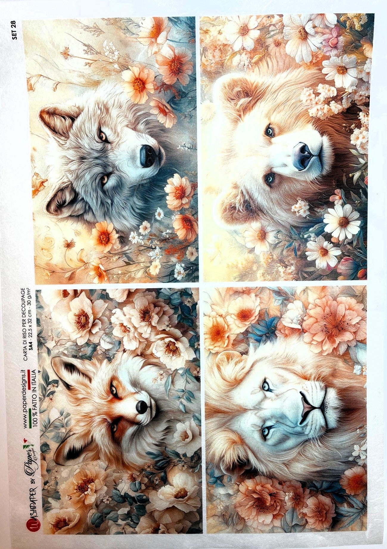 Paper Designs, Rice Paper, Wolf, Bear, Lion, Fox, Flowers, Floral, Squares, A4 8.3" X 11.7 Decoupage, Mixed Media
