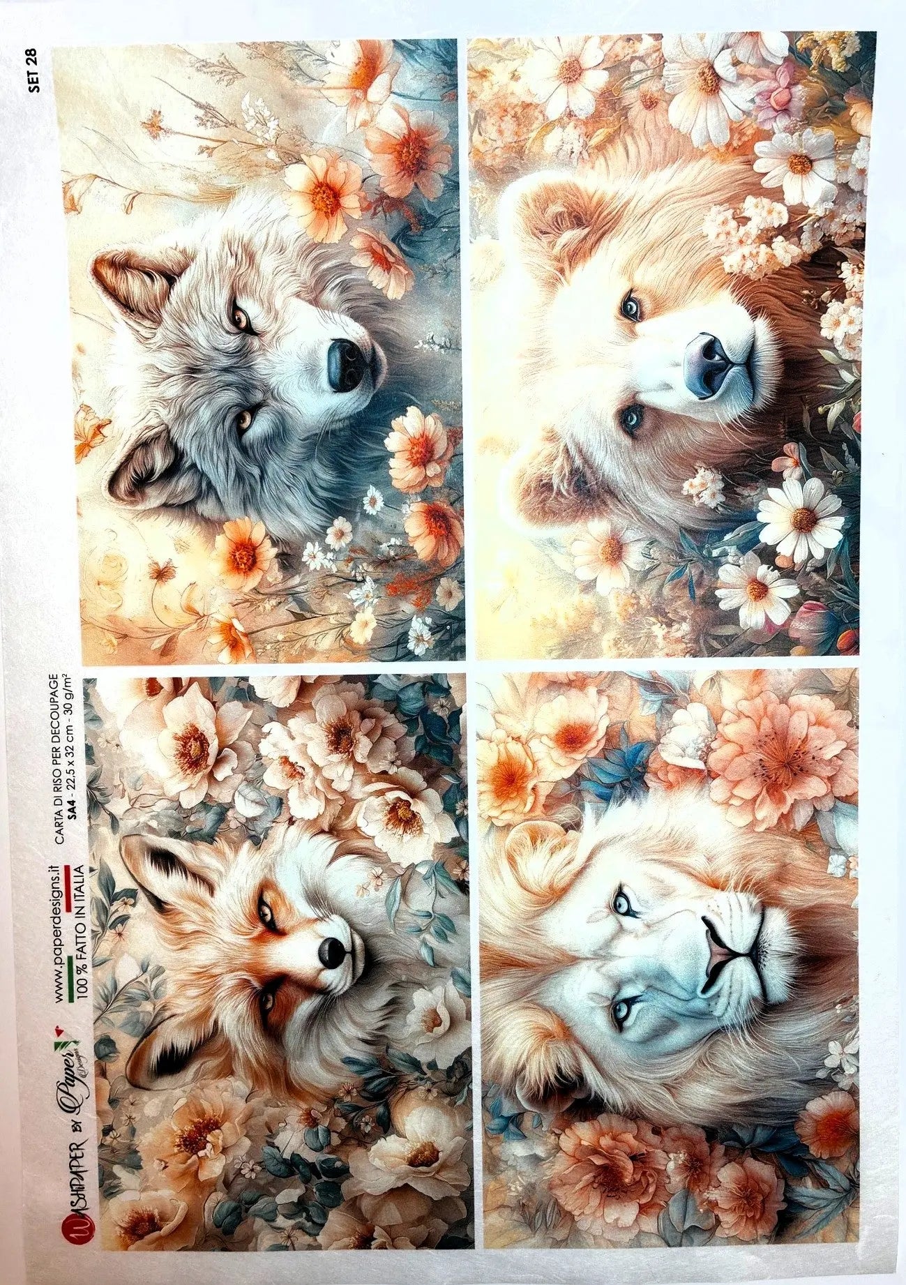 Paper Designs, Rice Paper, Wolf, Bear, Lion, Fox, Flowers, Floral, Squares, A4 8.3" X 11.7 Decoupage, Mixed Media Paper Designs