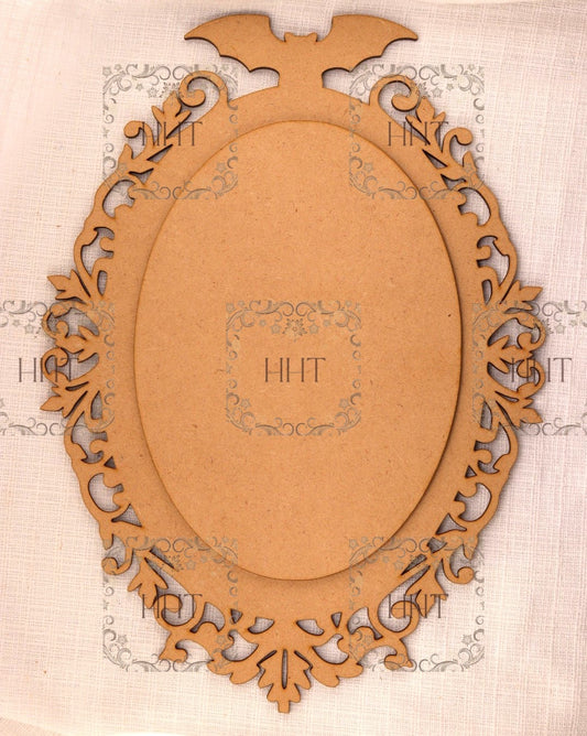 Laser Cut, MDF, Blank, Base, Plaque, Ornament, Center Overlay Oval, 2 pc, Decoupage, Mixed Media, Vintage Style, Halloween, Bat, Wall Art
