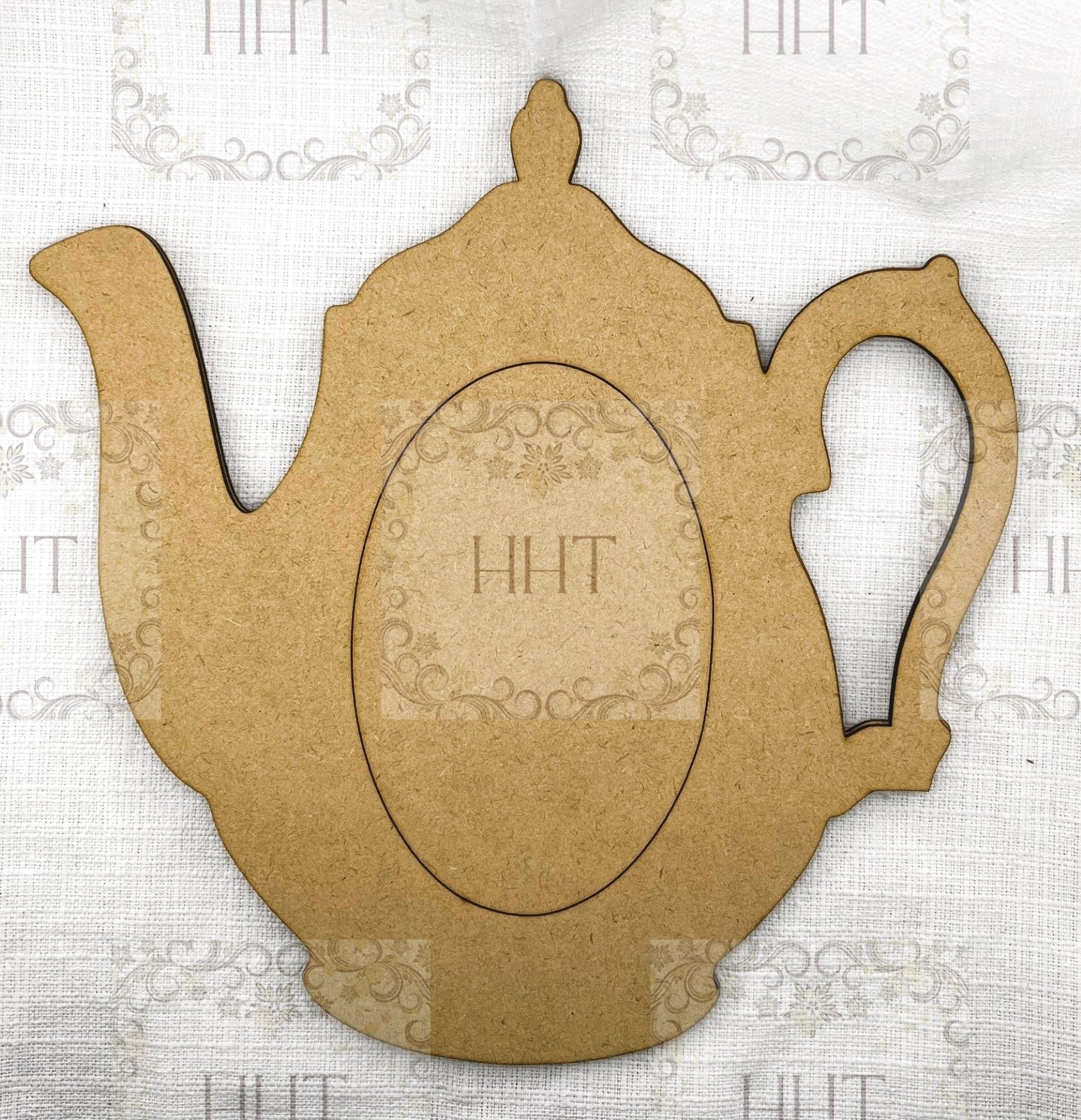 Laser Cut MDF, Vintage Style, Tea Pot, Plaque, Panel, Ornament, Blank, Base, Oval Center, frame, Decoupage, Mixed Media, Crafts