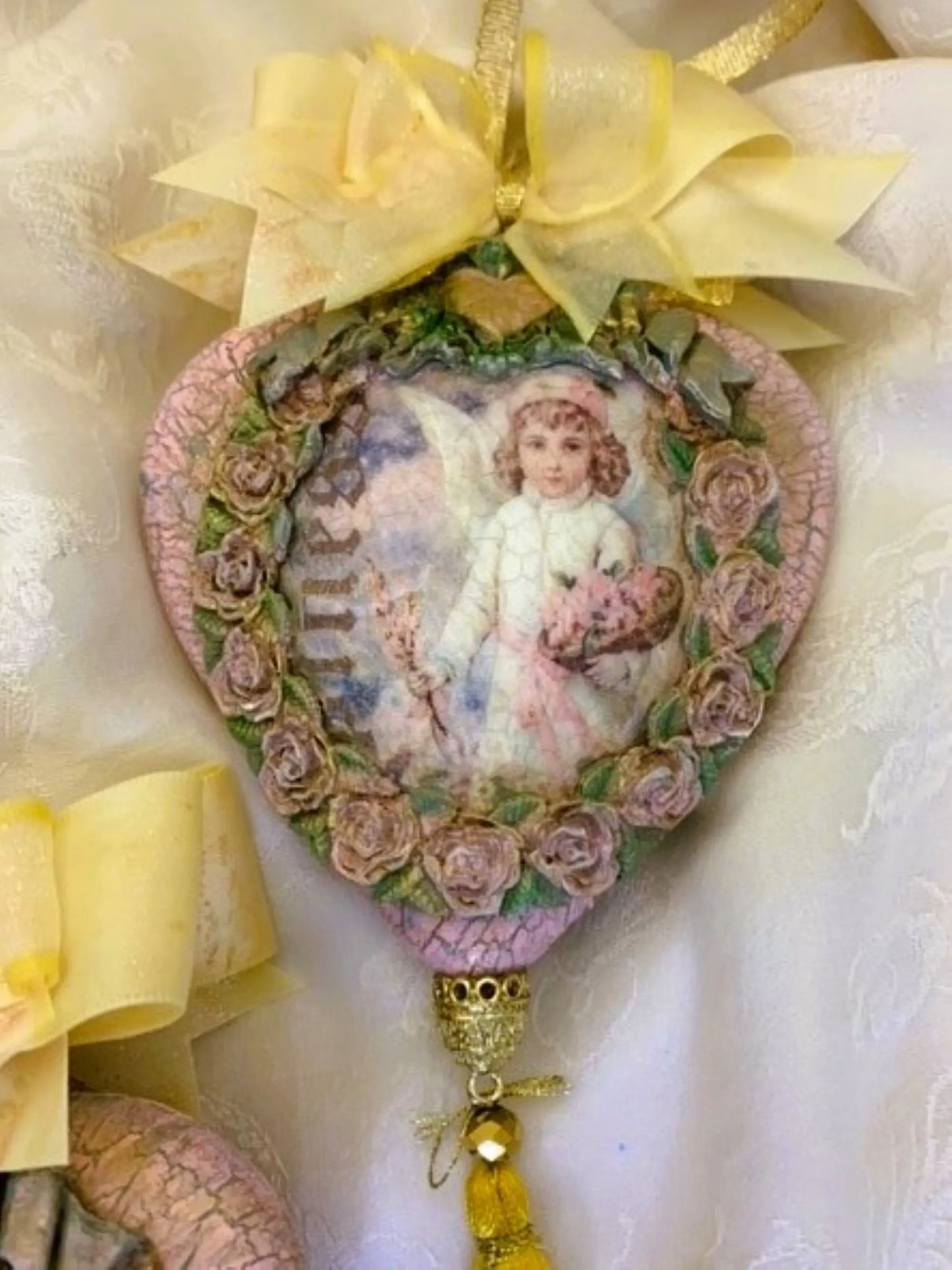 Handcrafted Shabby Chic Vintage Style Christmas Angel Heart Christmas Ornaments, Nostalgic Holiday Pink Angel Decoupage Ornament Set 3 Handmade by Pamela