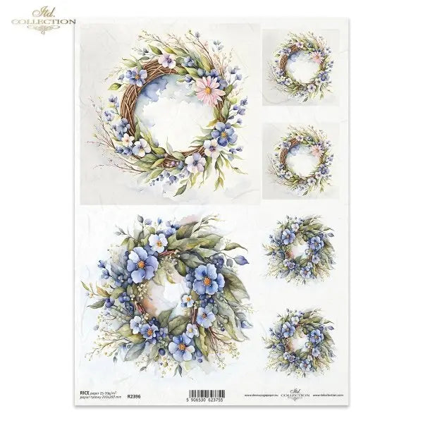 ITD Collection Rice Paper for Decoupage, Floral Twig Wreaths, Flowers, Squares, Wreaths, R2396 A4, 8.27x11.7 inch ITD Collection