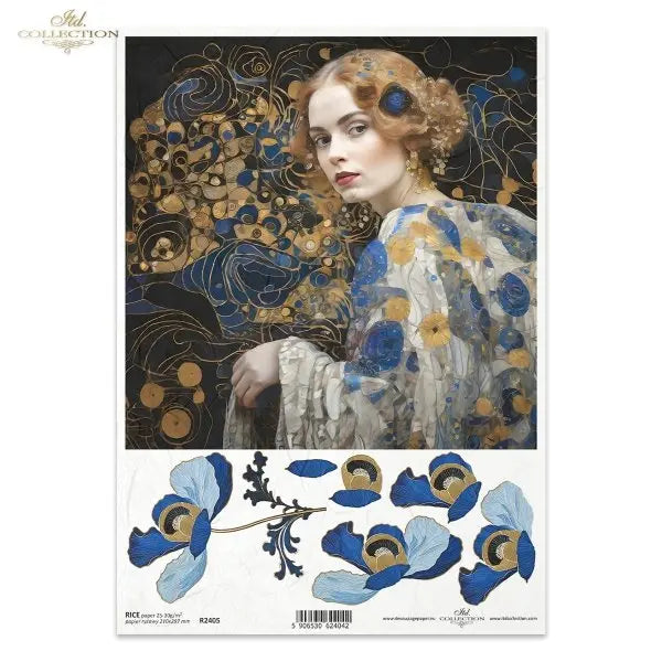 ITD Collection, Rice Paper, Decoupage, Mixed Media, Women, Art Nouveau, Portraits, Floral, Artist Klimt, Dragonfly, R2405, A4 Mixed Media ITD Collection