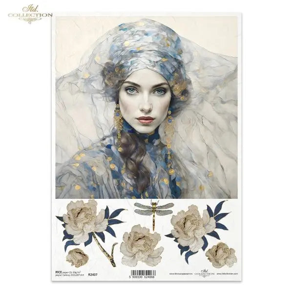 ITD Collection, Rice Paper, Decoupage, Mixed Media, Women, Art Nouveau, Portraits, Floral, Artist Klimt, Dragonfly, R2407, A4 Mixed Media ITD Collection
