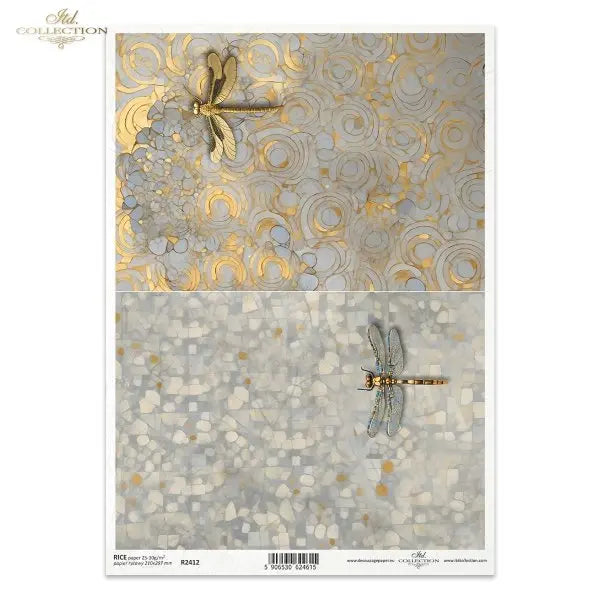 ITD Collection, Rice Paper, Decoupage, Klimt, Art, Gold, Silver, Mosaic, Dragonfly, Dragonflies, Art Nouveau, R2412, A4, 8.27x11.7 ITD Collection