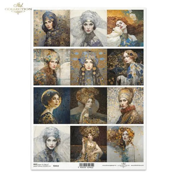 ITD Collection, Rice Paper, Decoupage, Mixed Media, Women, Art Nouveau, Portraits, Mosaic, Artist Klimt, Squares, R2413, A4 Mixed Media ITD Collection