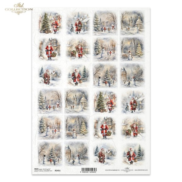 ITD Collection Rice Paper, Decoupage, Mixed Media, Vintage Style, Santa, Snowman, Winter Scenes, Christmas, Ornament Squares, A4 8.3 x 11.7